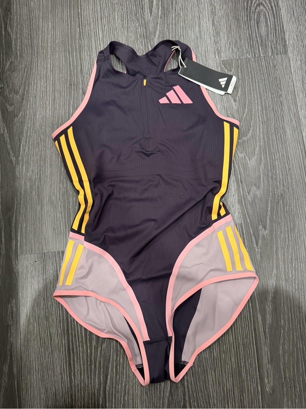 adidas Dark Purple Racerback Swimsuit with Pink Trim & Yellow Stripes